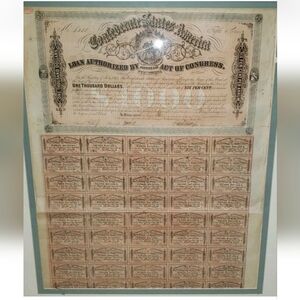 CONFEDERATE STATES OF AMERICA 1864 Loan Bond Certificate. Complete 60 Coupons.